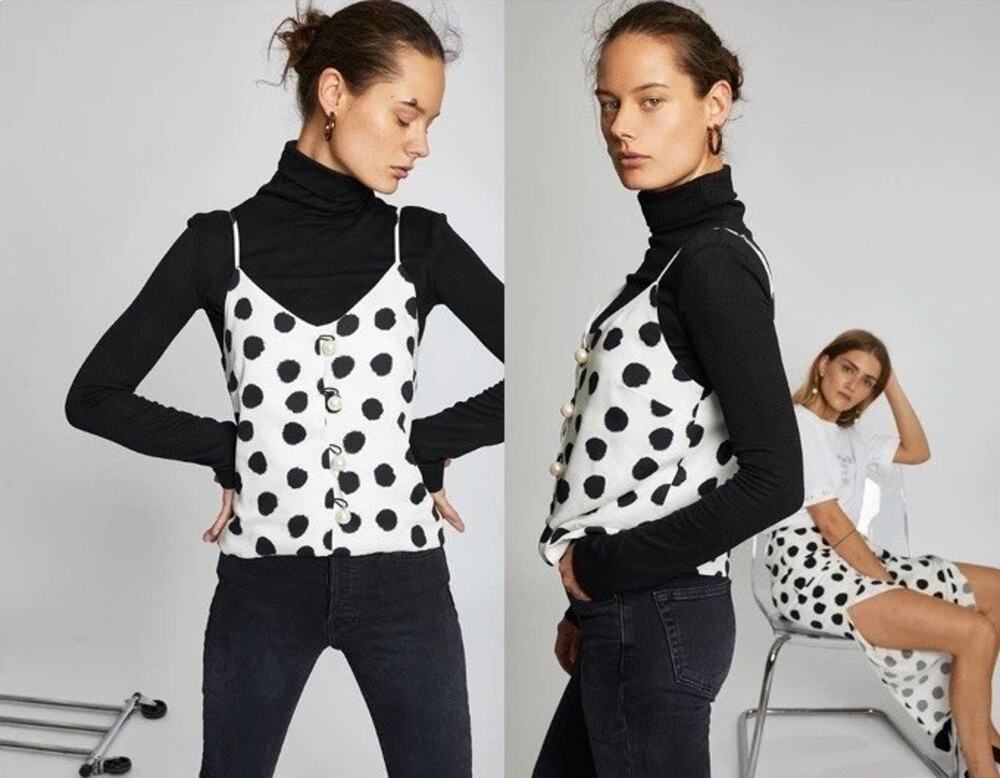 Mother of Pearl Tara Camisole Top Black White Polka Dot, Quiet Luxury $295